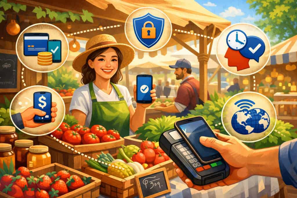 Farmer’s market vendor accepting mobile payment via smartphone at produce stall with digital payment icons representing convenience, security, and fast transactions