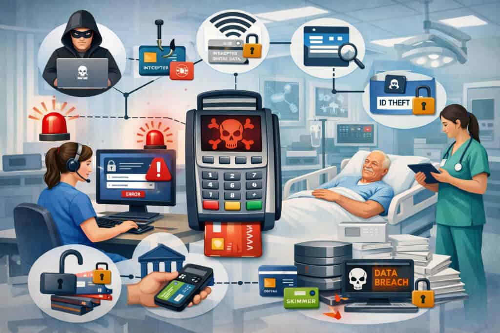 Illustration of payment security risks in a healthcare setting showing POS terminal threats, data breaches, identity theft, phishing attacks, and compromised patient billing systems in a hospital environment