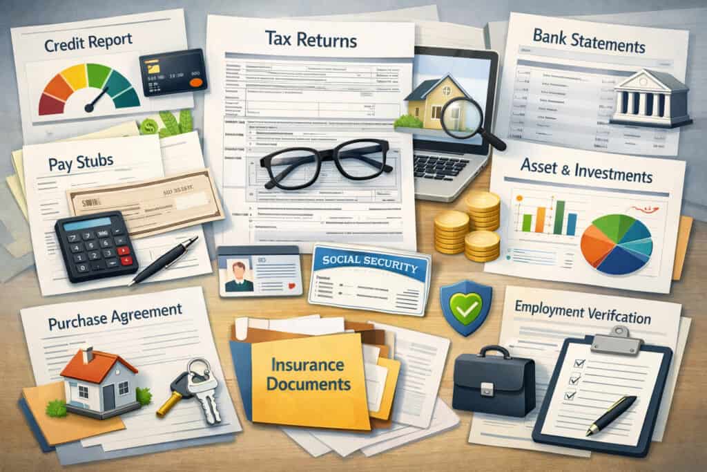 Illustration of underwriting documents including credit report, tax returns, bank statements, pay stubs, ID, assets, insurance papers, and employment verification arranged with financial icons on a desk