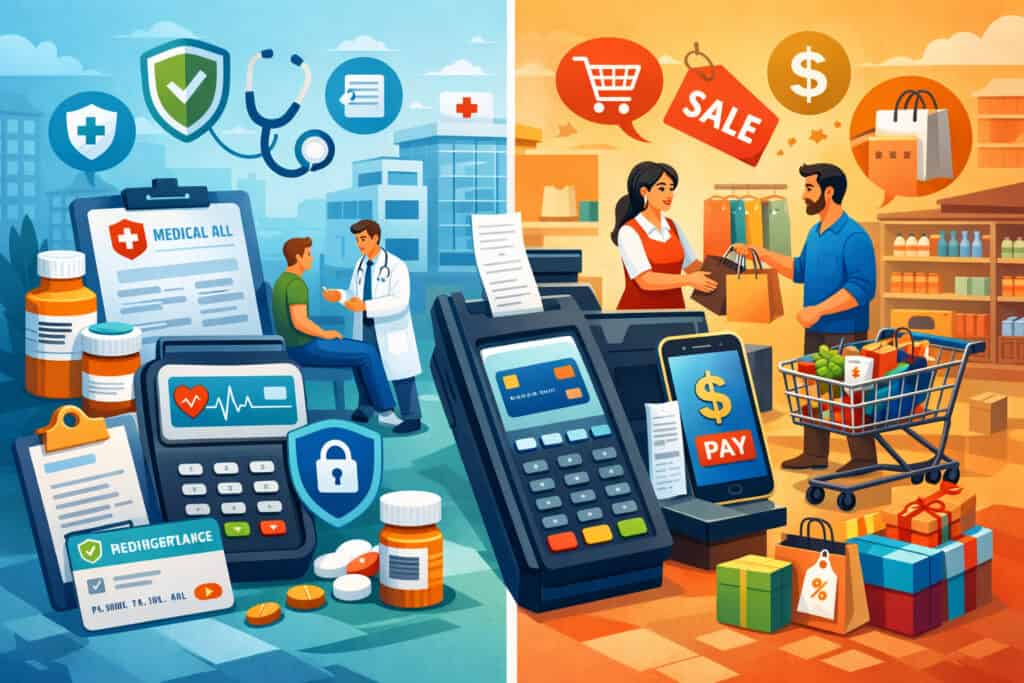 Healthcare vs retail payment processing illustration showing medical billing, insurance verification, and POS transactions compared with retail checkout, shopping cart, and digital payments