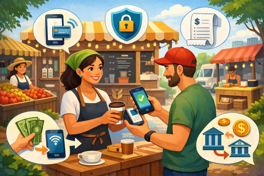Mobile payment transaction at a small outdoor market where a vendor accepts a smartphone tap-to-pay with digital wallet icons and secure payment symbols visible in the background
