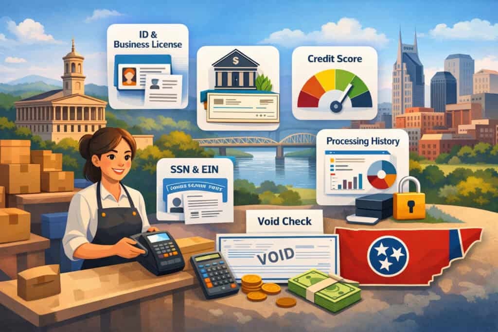 Tennessee small business owner using POS system with icons representing merchant account requirements like ID, EIN, credit score, and bank verification in a Nashville cityscape background