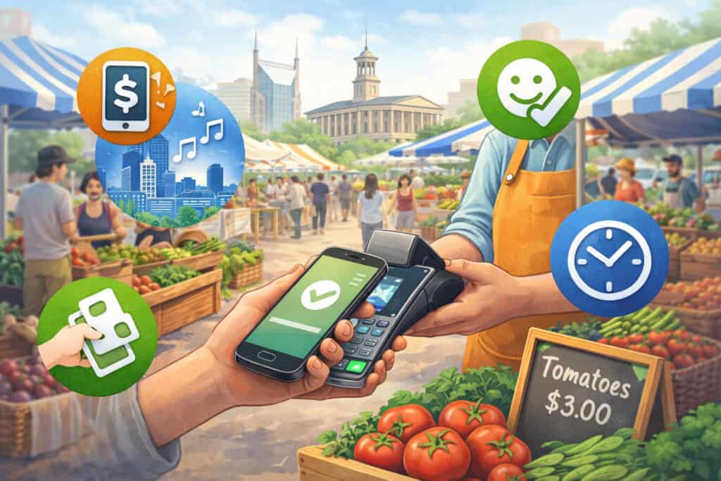Farmers market vendor accepting mobile payment via smartphone and card reader, with fresh produce stands and convenience icons in a busy outdoor market setting