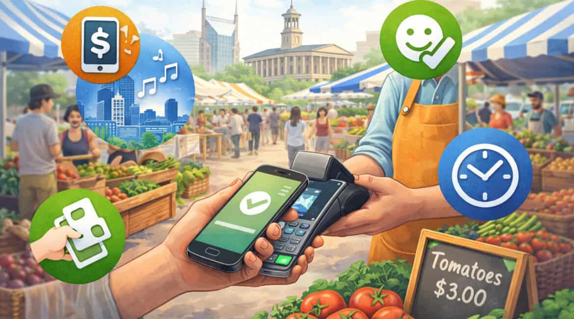 Farmers market vendor accepting mobile payment via smartphone and card reader, with fresh produce stands and convenience icons in a busy outdoor market setting
