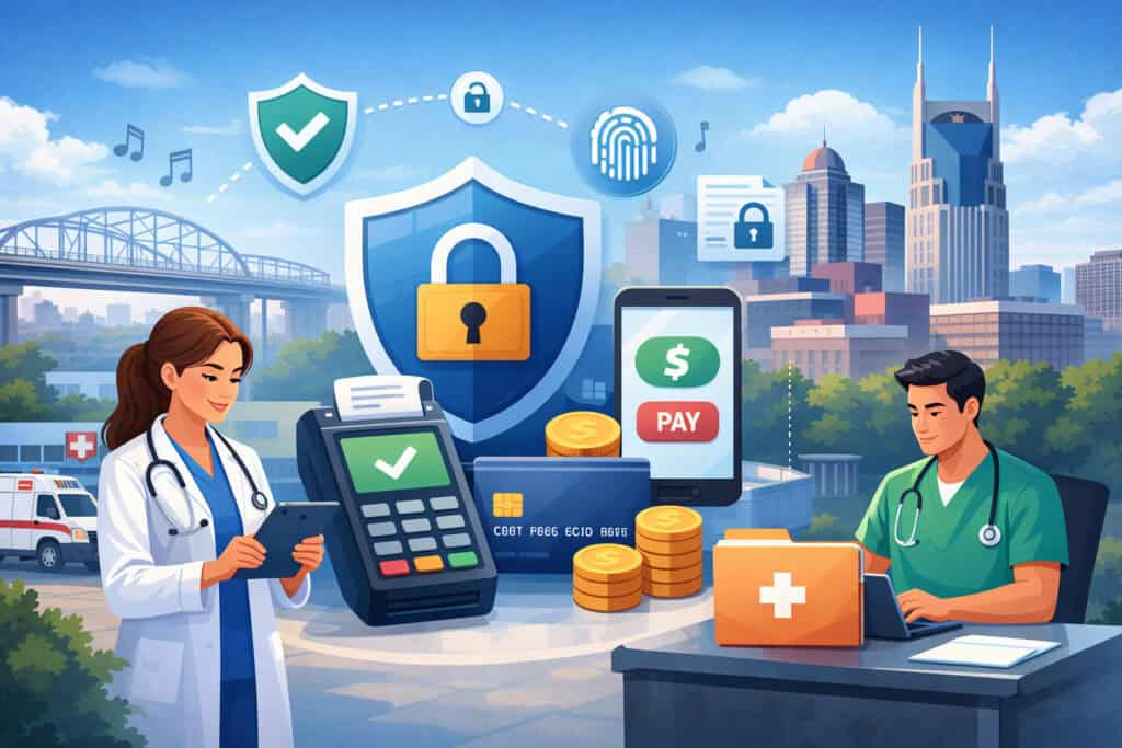 Secure digital payment processing in a Nashville healthcare setting with doctors, POS terminal, mobile payment app, and cybersecurity shield icons in a cityscape background