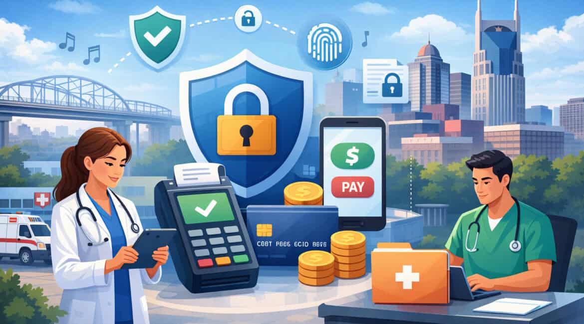 Secure digital payment processing in a Nashville healthcare setting with doctors, POS terminal, mobile payment app, and cybersecurity shield icons in a cityscape background