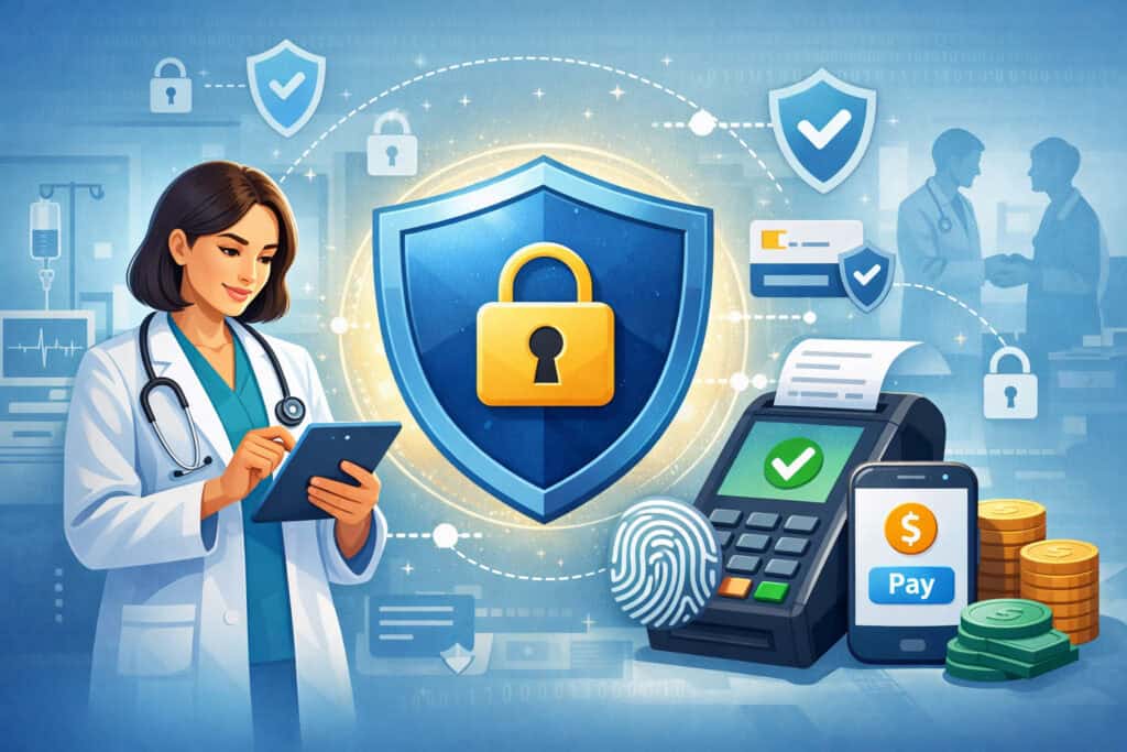 Secure healthcare payment processing illustration with doctor using tablet, digital shield with padlock, payment terminal, and biometric security icons representing patient data protection