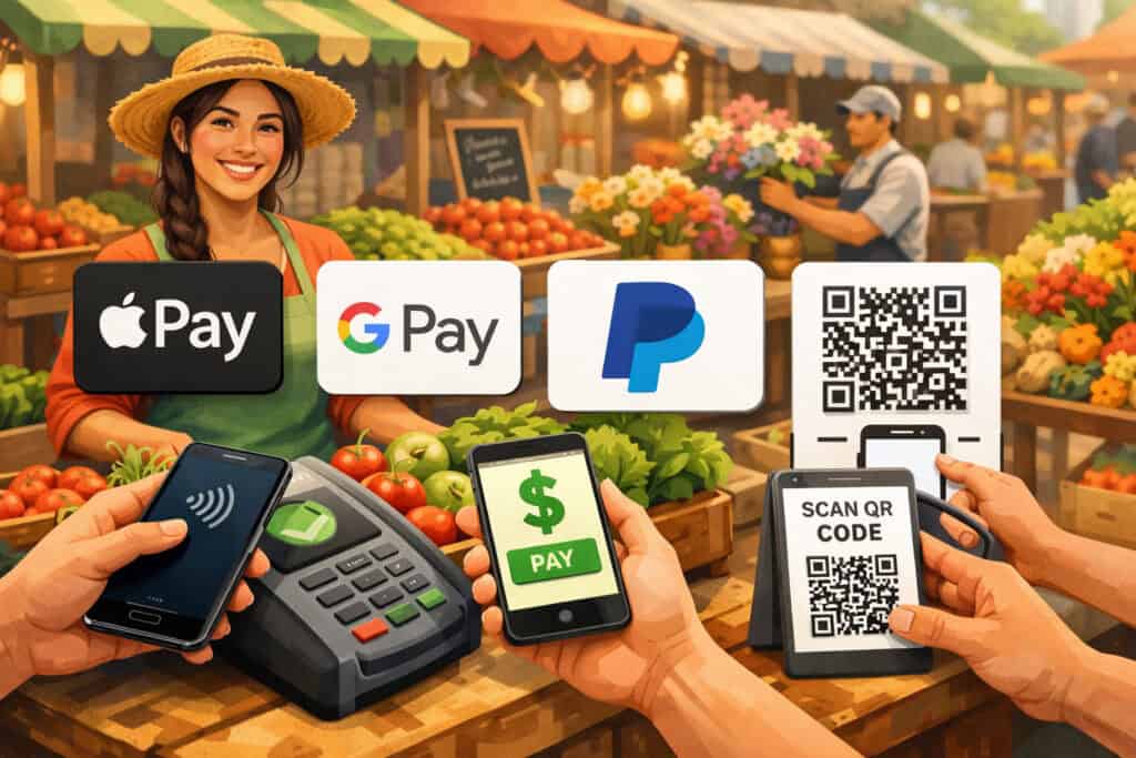 Mobile payment options at a busy farmers market with vendor accepting contactless card, smartphone wallet payments, and QR code transactions