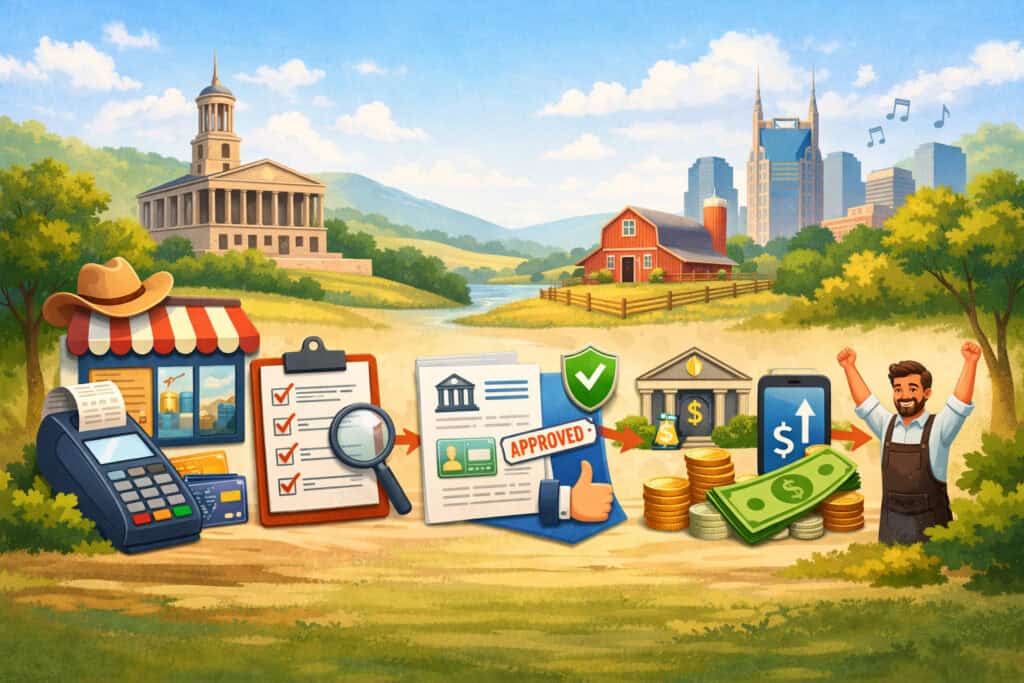 Illustration of Tennessee merchant account application process showing storefront, payment terminal, documents, approval steps, bank, and funding icons in a local landscape background
