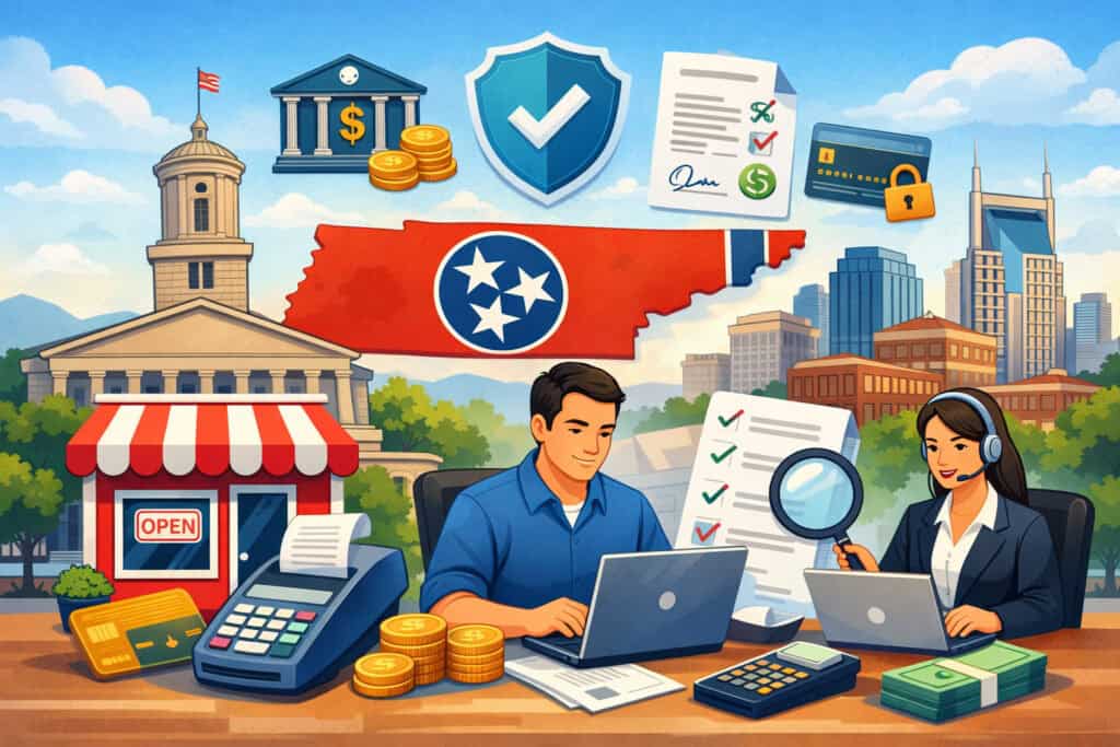 Illustration of Tennessee small business owner setting up a merchant account with payment terminal, documents, security icons, and Nashville skyline in background